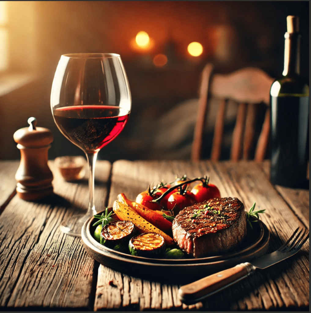 A glass of red wine paired with a plate of steak and roasted vegetables on a rustic table.